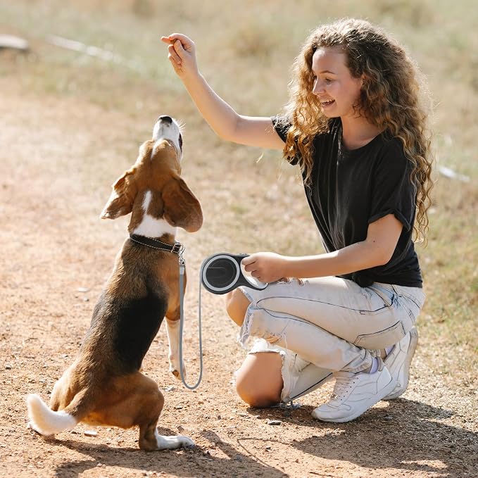 Segarty Retractable Dog Leash, 16ft Heavy Duty Walking Dog Leash for Medium Small Dogs up to 44lb, Anti-Slip Handle 360°Tangle-Free Nylon Tape, One-Handed One Button Lock and Release (Gray)