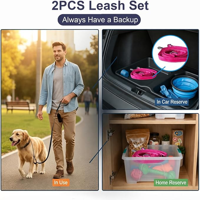 2 Pack Dual Handle Dog Leash, 6ft x 1in Heavy Duty Reflective Nylon Leash with Padded Grip, Traffic Handle, D-Ring, Tangle-Free Dog Lead for Small, Medium & Large Dogs, Safe Night Walks (Black+Rose)