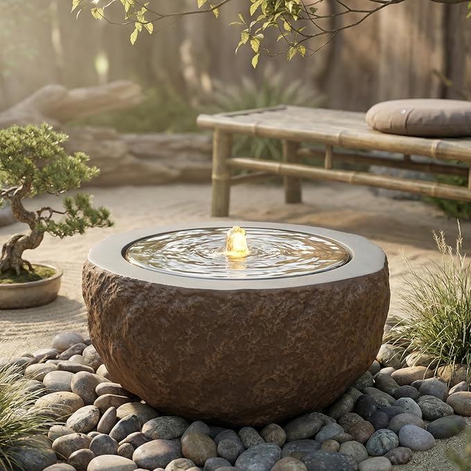 Sunnydaze Outdoor Water Fountain with LED Light - Polystone Round Bowl Bubbler Water Feature with Pump - 9.5" H - for Patio, Garden, Deck, Relaxation and Stress Relief - Brown
