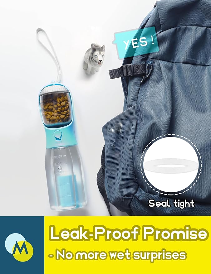 Portable Water Bottle for Small Dogs, 3 in 1 Animal Pet Travel Bowl Dispenser with Food Treat Container & Poop Bag Holder, Summer Hiking Walking Accessories for Puppy On The Go - Blue, 10oz