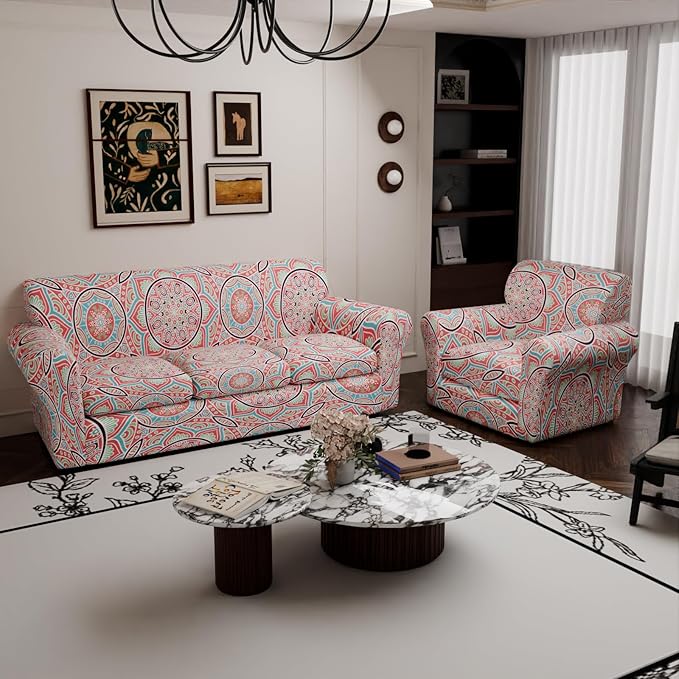 Stretch Couch Covers, Floral Printed Sofa Covers,2 Piece Armchair Slipcover with Separate Sect Cover,Washable Sofa Slipcover, Pet Friendly Furniture Protector Fit for Home (Armchair,Pink Texture)
