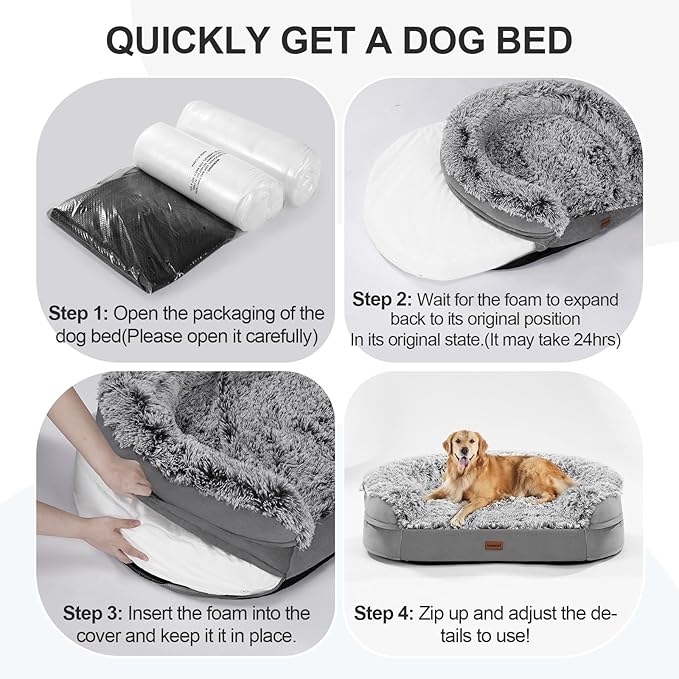 iweepet Fluffy Claiming Orthopedic Dog Beds for Large & Extra Large Dogs, Supportive Dog Sofa Bed with 3.7 inch 28D Egg-Crate Foam, Removable Washable Plush Cover, Waterproof Lining,44’’,Grey