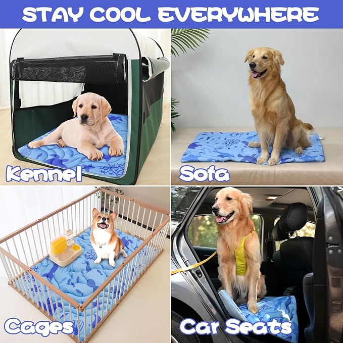 PAWCHIE Summer Dog Cooling Mat, Reversible Self-Cooling Mat for Small Medium Dogs, Washable Pet Ice Cool Pad Blanket, Pet Sleeping Pad for Crate,Bed,Indoor & Outdoor Floor,Car Seats, Blue 36'' x 23''