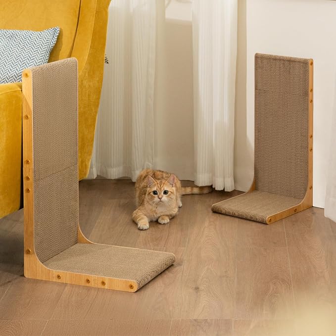 Conlun Cardboard Cat Scratcher, 26" L-Shaped Scratch Pad, Vertical Wall-Leaning Scratching Board to Protect Furniture for Indoor Cats,Wood Grain Jumbo