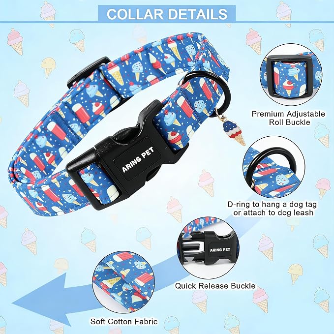 ARING PET Summer Dog Collar, Cute Blue Ice Pop Ice Cream 4th of July Pet Collars for Puppy Small Medium Large Female Girl Dogs-XS