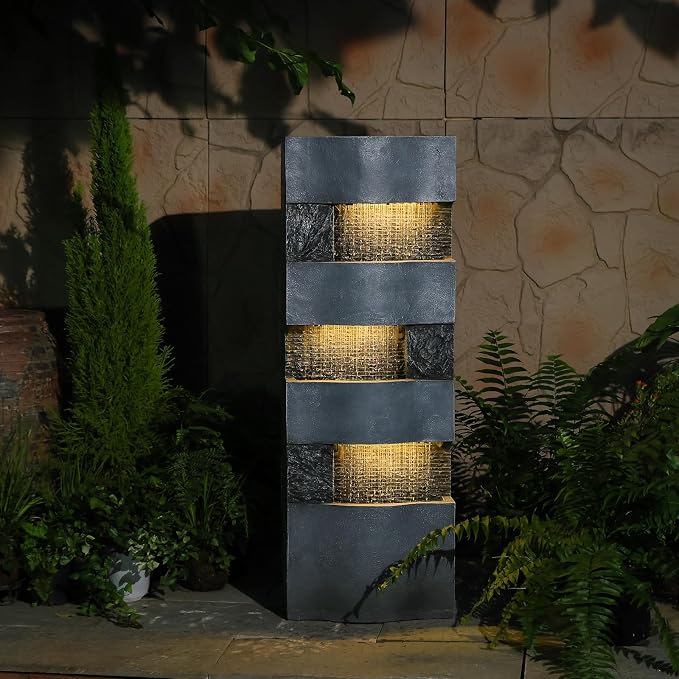 Sunlinua 40.5" H Modern Outdoor Water Fountain with LED Lights – Tall Garden Waterfall Fountain for Patio, Yard, Landscape or Indoor Decor, 4 Tiers Floor Standing Waterfall Outdoor Fountains