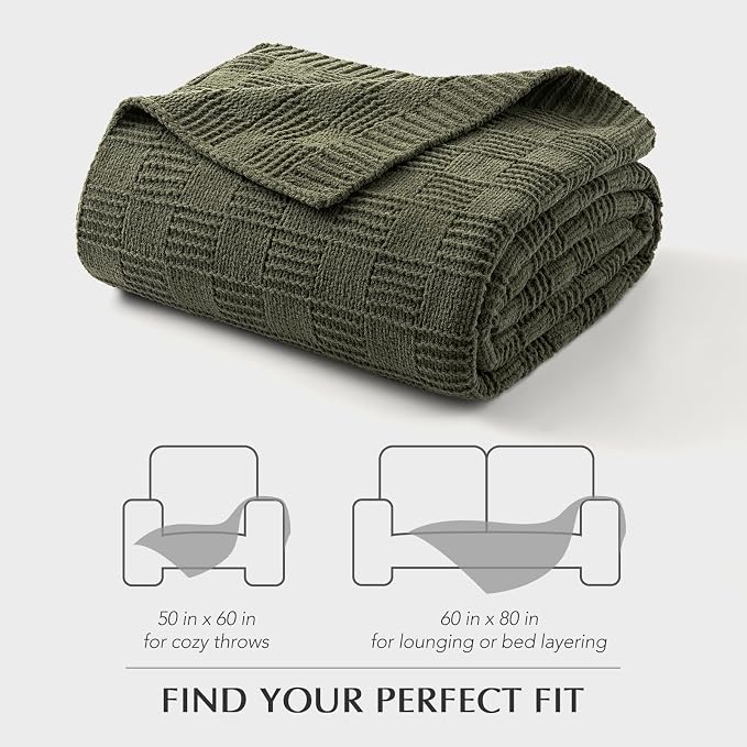 EVERGRACEHOME Modern Checkered Chenille Throw Blanket, Soft Cozy Plaid Knitted Blanket for Sofa & Couch, Decorative Knit Throw for Bed and Living Room, Olive Green, 60" x 80"