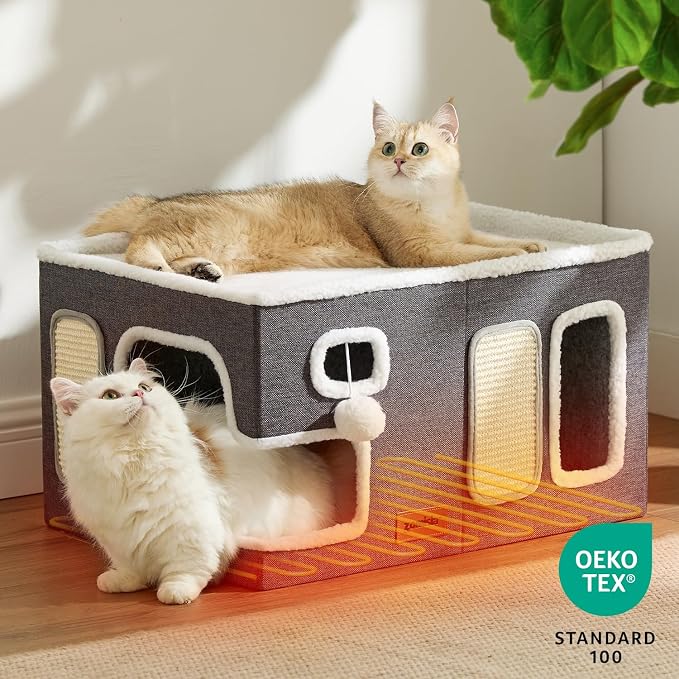 ZOMISIA Heated Cat House for Indoor Cats - Large Cat Warming Bed for Winter with Fluffy Ball Hanging and Adjustable Heating Pad, Foldable Cat Hideaway,23x16.5x13 inches, Grey