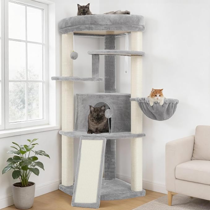 Gitelsnour Corner Cat Tree for Indoor Cats, Cat Tower with All Sisal Scratching Posts, Multi-Level Cat Condo wth Cat Cave, Large Top Perch, Hanging Basket, Sisal Ramp, Light Gray GCT025W