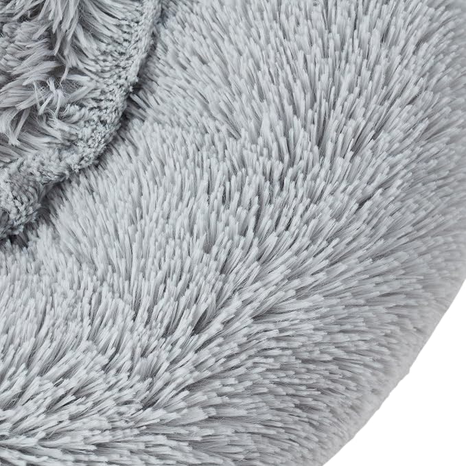 Dog & Cat Bed: Round Faux Fur Pet Bed - Plush, Cozy, & Calming Donut Bed for Large Pets - Soft & Comfortable Sleeping Cushion for Napping & Lounging, 30" Round, Silver