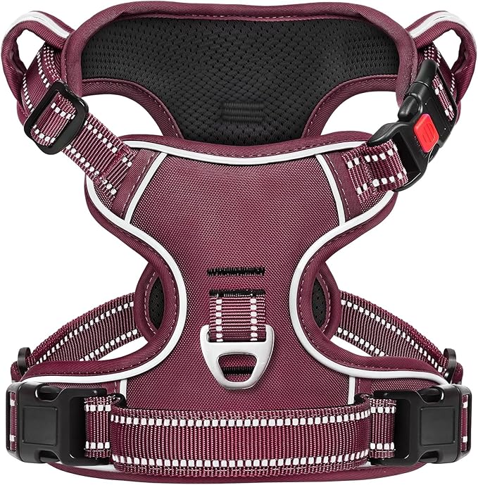 Timos Dog Harness Medium Sized, No Pull Pet Harness with Neck Lockable Snap, No Choke Front Clip Reflective Vest, Adjustable Metal Rings 3 Buckles, Easy Control Handle for Medium Dogs Burgundy M