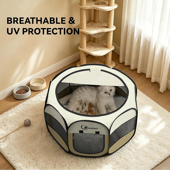 Siedihit Dog Cat Playpen, Small Puppy Pet Playpen, Dog Crate Tent Cage Indoor/Outdoor, Portable Pop Up Dogs Kennel Playpen with Carrying Case for Dogs/Cats/Rabbits(Khaki, Small)
