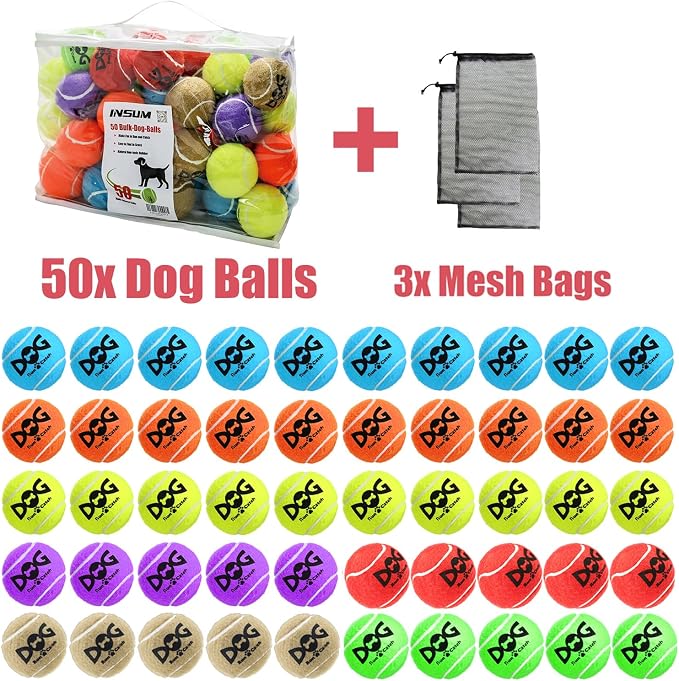 INSUM Tennis Balls for Dogs - Bulk 50 Pack 2.5'' Durable Non-Toxic Outdoor Dog Toys Balls with Mesh Bag, SGS Certified, Colorful Fetch Toys, Medium Large Breeds (Non Squeaky)