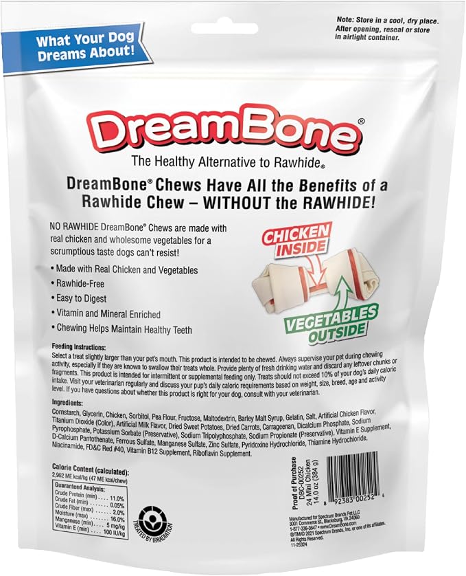 DreamBone Chicken Mini Bone Dog Treats, Daily Rawhide-Free Chew, Digests Safely and Completely, With Real Protein, Chicken and Veggies, 24 count