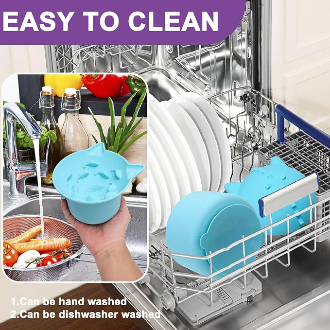 Silicone Cat Slow Feeder, Elevated Slow Feeder Bowl Tilt Design, Suitable for Dry and Wet Food, Adjustable Angle, Cat Food Puzzle with Suction Cup(Blue)
