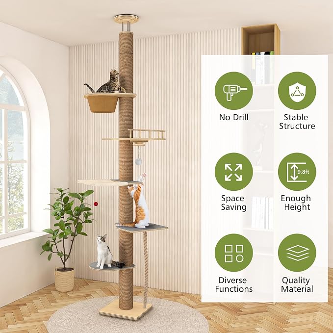Cat Tree Floor to Ceiling, Adjustable Height 82-120 in, 6-Level Cat Tower with Hammock & Perch, Scratching Post, Stable & Solid Structure and Neutral Color Fit Home Decor