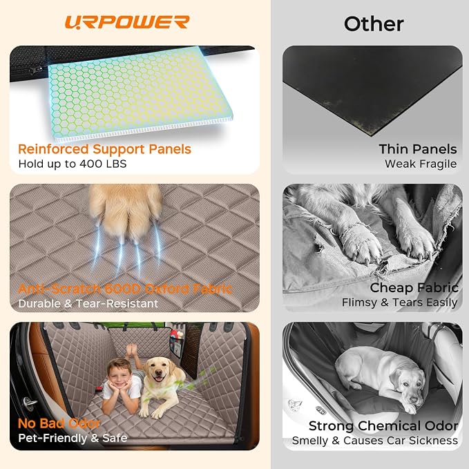 URPOWER XL Dog Backseat Extender for Full-Size Crew Cab Truck, Hard Bottom Dog Car Seat Cover for Back Seat Holds 400lbs, Waterproof Dog Hammock Pet Rear Seat Protector Travel Bed for F150 / Silverado