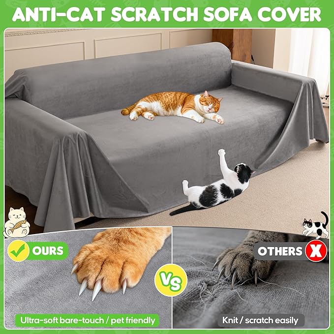 Loiion Velvet Sofa Cover, Ultra Soft Waterproof Non-Slip Couch Cover for Pets, Cat-Scratch Resistant Couch Cover, Pet & Kid Proof Scratch & Hair Resistant Washable Furniture Protector 118"X91" Grey