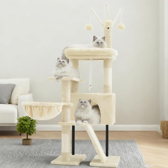 Gitelsnour Cat Tree for Indoor Cats, Cat Tower with Scratching Post for Small Cats and Kittens, Cat House with Removable Top Platform and Fluffy Balls, Hanging Cat Basket, Beige GCT006SM