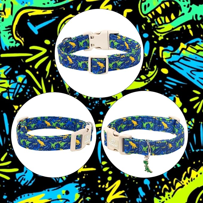Dinosaur Dog Collar, Cute Boy Dog Collars for Medium Dogs - Blue Multicolor Dino Cotton Male Dogs Collar, Soft Adjustable Daily Pet Collars with Quick Release Buckle M
