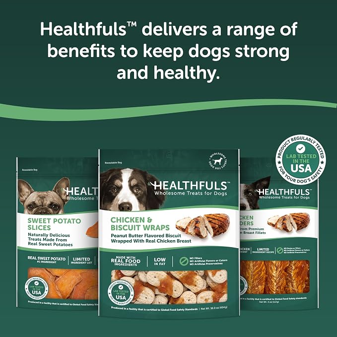 HEALTHFULS Chicken & Peanut Butter Healthy Dog Treats – High-Protein, Low-Fat, Biscuit Wraps with Real Peanut Butter – 16 oz