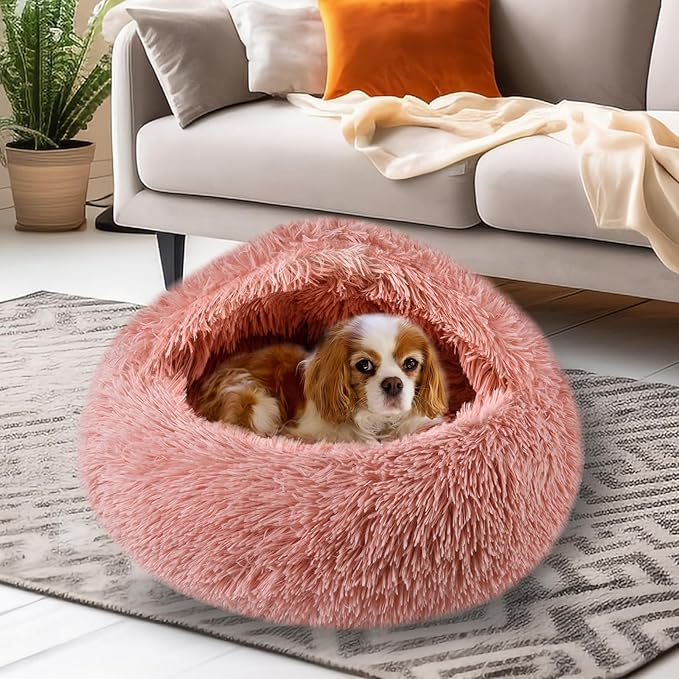 FORMYCATIE Cat Beds for Indoor Cats,Cat Cave for Puppy and Kitty,Calming Small Dog Bed for Small Dogs with Cover Cave,Cozy Warming Fluffy Washable Anti-Slip Pet Sleeping Bag(24 * 24inch,Leather Pink)