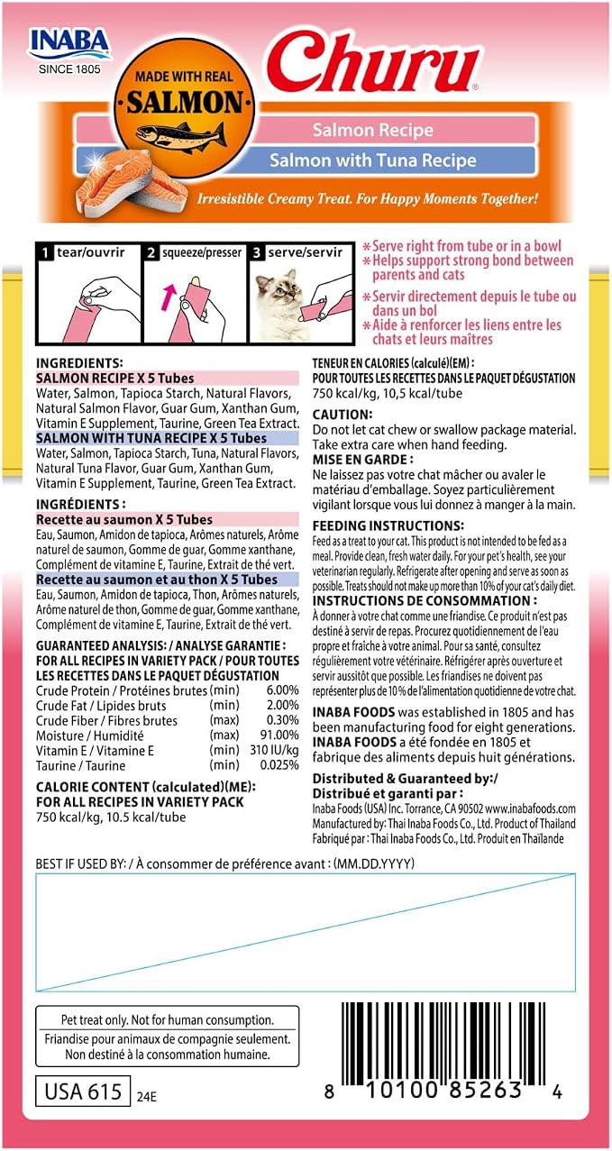 INABA Salmon Churu Cat Treats, Lickable, Squeezable Creamy Purée Cat Treat with Green Tea Extract & Taurine, 0.5 Ounces Each Tube, 10 Tubes, Salmon & Tuna Variety