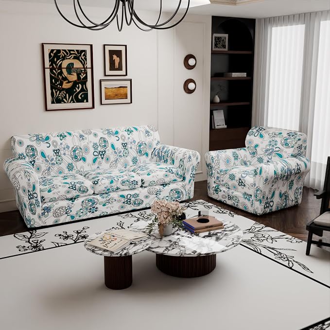 Stretch Couch Covers for 3 Separate Cushion Couch Sofa,Floral Printed Couch Sofa Cover,Washable Sofa Slipcover,Pet Friendly Furniture Protector with Elastic Bottom,Universal Fit for Home(Sofa,Cover)