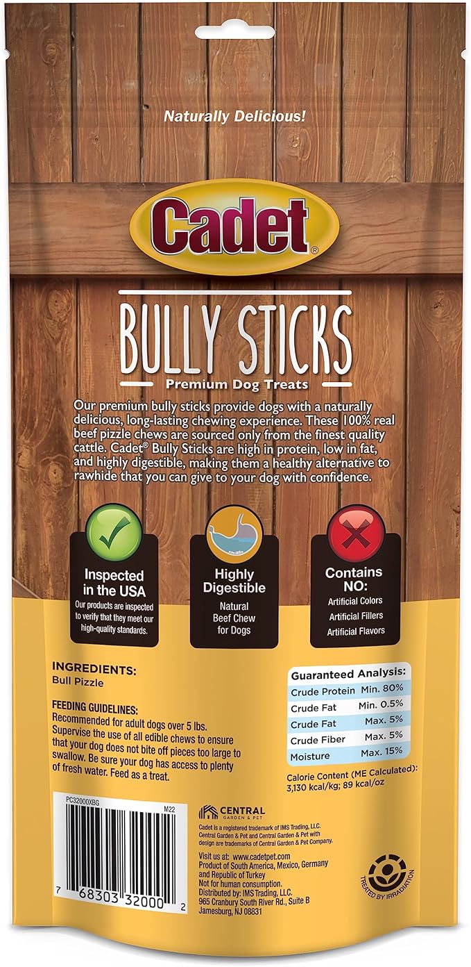 Cadet Bully Sticks for Small Dogs, All-Natural Beef Pizzle, Long-Lasting Rawhide Free Dog Treats for Aggressive Chewers, 4 Count