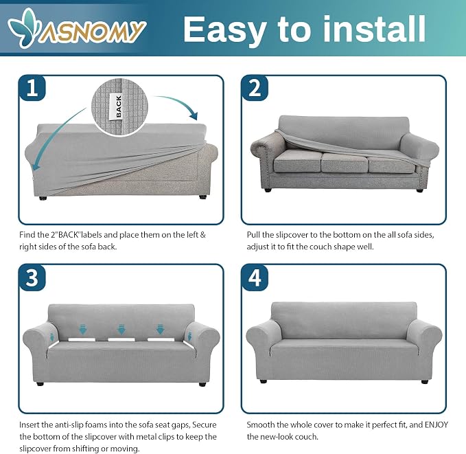 Asnomy Couch Covers for 3 Cushion Couch Stretch Sofa Covers Slipcovers, Pet Protector Furniture Covers for Dogs Cats Spandex Jacquard Fabric Small Checks(X-Large,Silver)