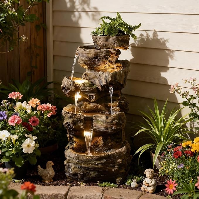 Sunlinua 40" H Outdoor Water Fountain with 5 Tiers Large Cascading Realistic Tree Trunk Waterfall Fountains with LED Lights Outdoor Water Fountain for Garden Patio Backyard Porch Home Decor
