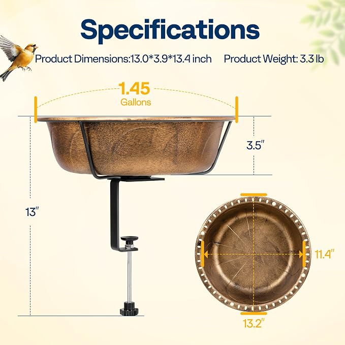 VIVOHOME Deck Mounted Bird Bath for Outside, Weather-Resistant ABS Bird Bath and Feeder with Adjustable Metal Clamp for Railing, Fence, Balcony, 1.45 Gallons, Copper