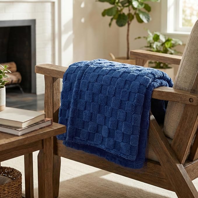 Americanflat 50x60 Jacquard Fleece Throw Blanket - Soft and Breathable Throw Blanket for Couch, Bed, Chair - Fleece Blankets Perfect for Home, Bedroom, or Outdoor Use - Checkered Design in Dark Blue