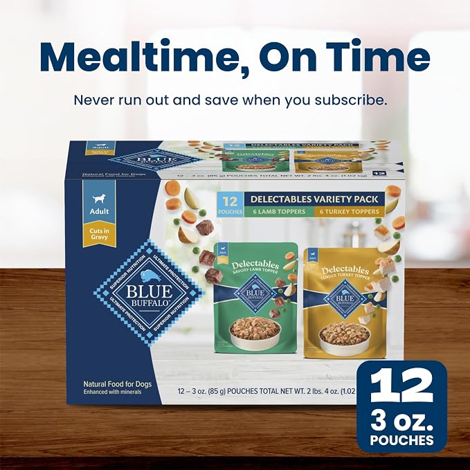 Blue Buffalo Delectables Variety Pack Natural Wet Dog Food Topper (Savory Lamb & Tender Turkey) Tender Cuts in Gravy with Natural Ingredients, Vitamins & Minerals, 3-oz. Each (12 Pouches)