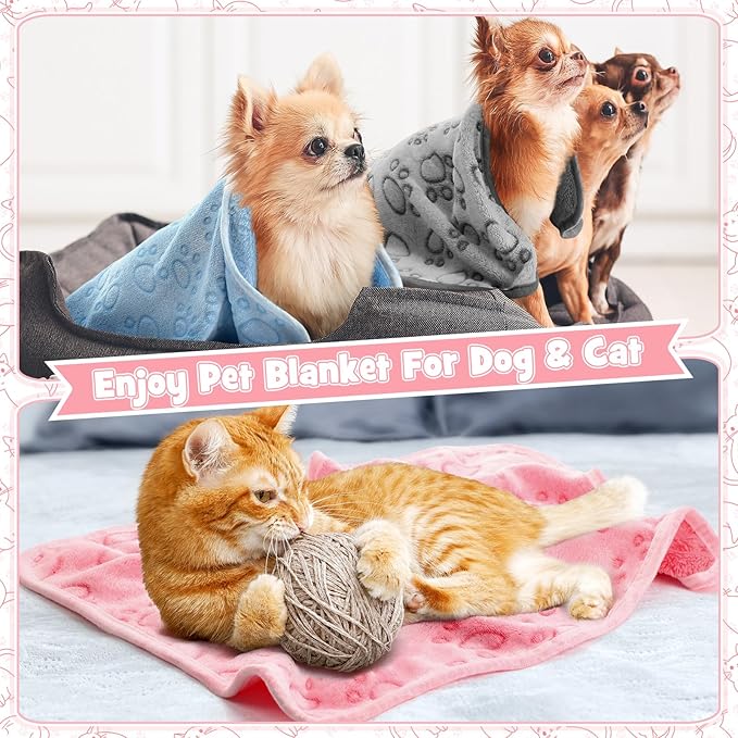 Tegeme 12 Pcs Pet Blankets 30 x 20 Inch Soft Fluffy Fleece Dog Cat Warm Paw Print Pattern Blankets Flannel Throw for Pets Dog Puppy Cat(Pink,Gray,Blue)