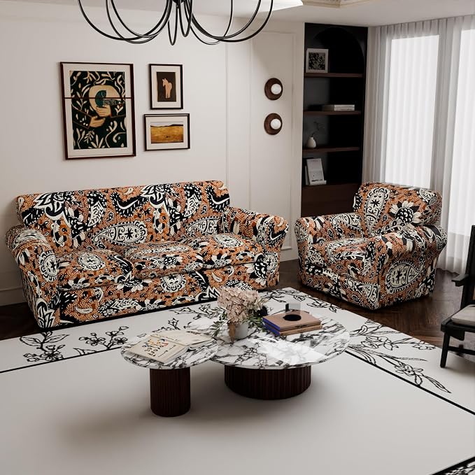 Stretch Couch Covers for 4 Separate Cushion Couch Sofa-Floral Printed Couch Sofa Cover,Washable Sofa Slipcover,Pet Friendly Furniture Protector with Elastic Bottom,Universal Fit for Home(Couch,Cover)