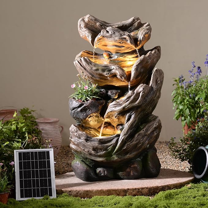 4-Tier Solar Water Fountain Outdoor Cascading Realistic Tree Trunk Waterfall Outdoor Fountains for Garden, Patio, Backyard, Deck, Porch, 25.2" H x 14.56" L x 10.24" W