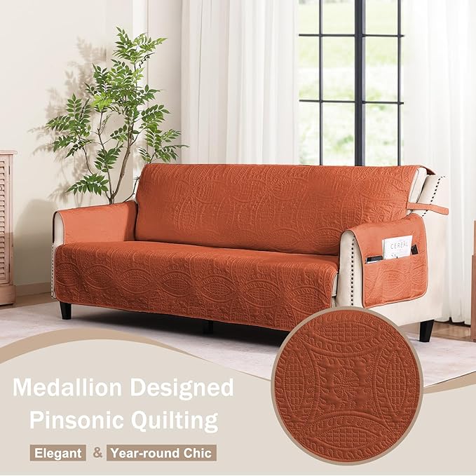 Orange Loveseat Covers for 2 Cushion Couch, Water-Repellent Sofa Slipcover for Love Seat, Machine Washable Quilted Couch Covers, Pet Friendly Sofa Cover (Loveseat 56", Burnt Orange)