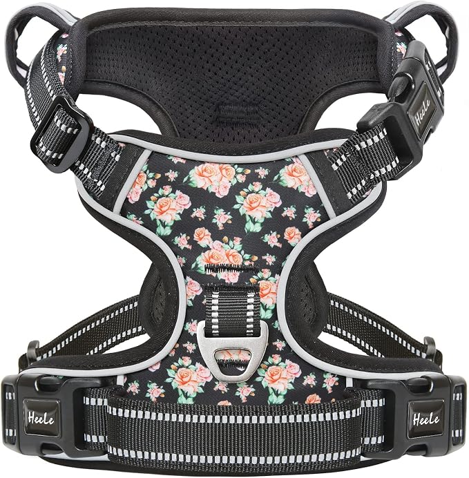 HEELE Dog Harness, No Pull Adjustable Padded Reflective Harness for Small Medium Large Dogs with Handle for Walking Training, Flower-Black, M