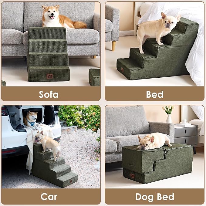 EHEYCIGA Dog Stairs for Small Dogs 13.5" H, 3-Step Dog Steps for Couch Sofa and Chair, Pet Steps for Medium Cats, Non-Slip Balanced Pet Ramp Indoor, Military Green