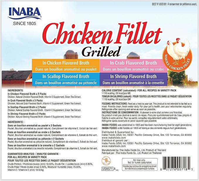 INABA Premium Hand-Cut Grilled Chicken Fillet Cat Treats/Topper with Vitamin E and Green Tea Extract, 0.9 Ounces Each, Pack of 10, Variety Pack