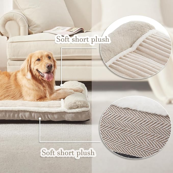 Dog Bed for Large Dogs, Dog Mattress with Pillow for Crate Kennel, Sofa pet Bed, Super Soft pet Bed for Medium, Jumbo, Small Dogs Breeds (Beige, Medium:(30”x20 x3