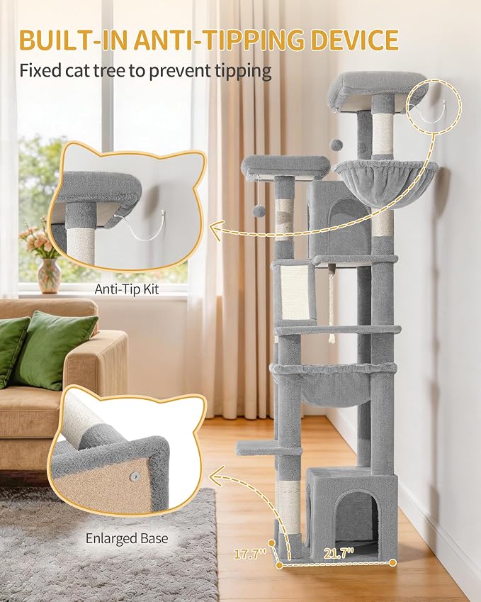 Hzuaneri Large Cat Tree, 72 Inch Tall Indoor Cat Tower for 6 Large Cats, Corner Climbing Activity Pet Condo with 2 Large Platforms/2 Cats House/6 Scratching Post/1 Hanging Basket, Light Gray MS18318LG