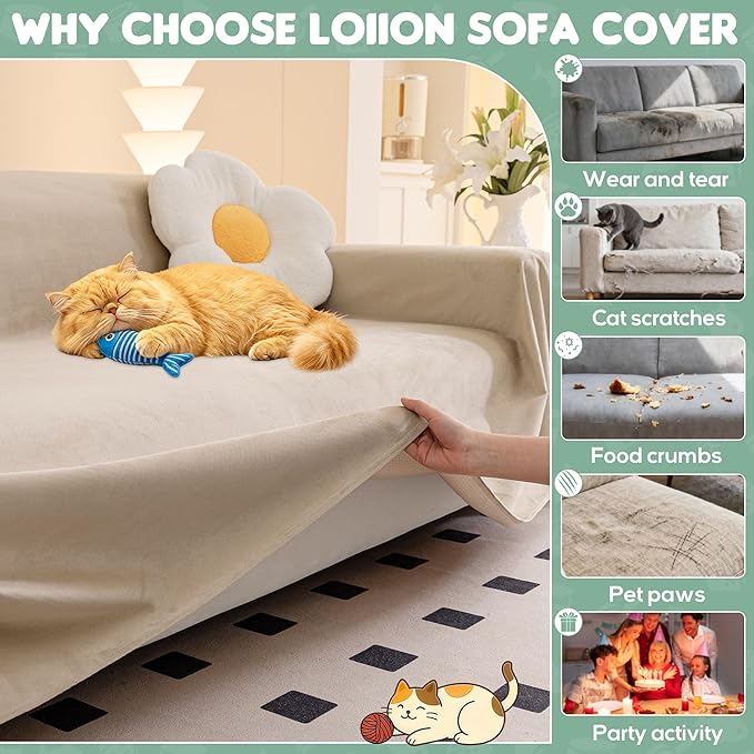 Loiion Cat Scratch Furniture Protector - Ultra Soft, Waterproof Sofa Cover to Keep Cats Off, Pet-Friendly Couch Protectors for Love Seat, Anti-Slip Couch Cover for Pets and Kids 118"X91" Almond