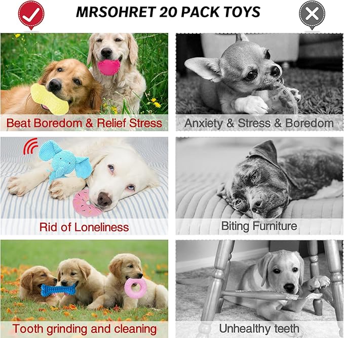 MRSOHRET 20Pcs Puppy Chew Toys for Teething, Dog Chew Toys with Rope Toys, Pet Dog Toothbrush, Treat Balls, Plush Toys and Squeaky Toy for Small Medium Dogs with Basket (20 Pack Elephant)