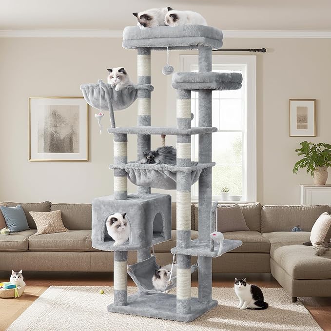 Gitelsnour Cat Tree, Cat Tower for Large Cats with 2 Big Platforms, 2 Baskets, condo and Toys, 63" Cat Scratching Posts for Indoor Cats, Light Gray GCT020W