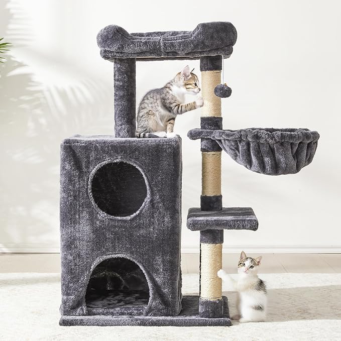 Multi-Level Cat Tree Tower for Large Cats with Scratching Posts, Condos, Perch, Hammocks & Toys, Cat Jungle Gym for Indoor Cats, Ideal for Multi-Cat Households, Dark Grey