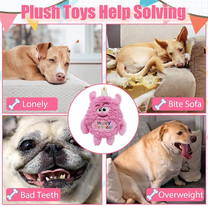 Plush Dog Birthday Toy for Girl Boy Gifts, Crinkle Squeaky Dog Toy Keep Them Busy Tug of War Stuffed Dog Chew Toy for Small Medium Large Dogs (Pink)