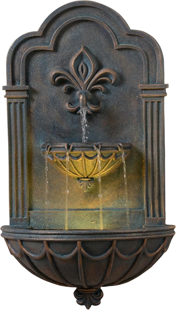 Teamson Home Fleur-de-lis Outdoor Water Fountain–Warm Glow Lighting with Adjustable Flow & Electric Pump, Black & Gold