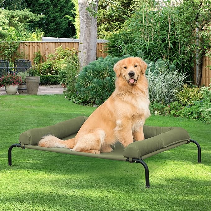 Cooling Elevated Dog Bed for Large Dogs, Outdoor Raised Dog Beds Portable Dogs Cot Bed W/Breathable Mesh, Pet Cots W/Removable Waterproof Bolster